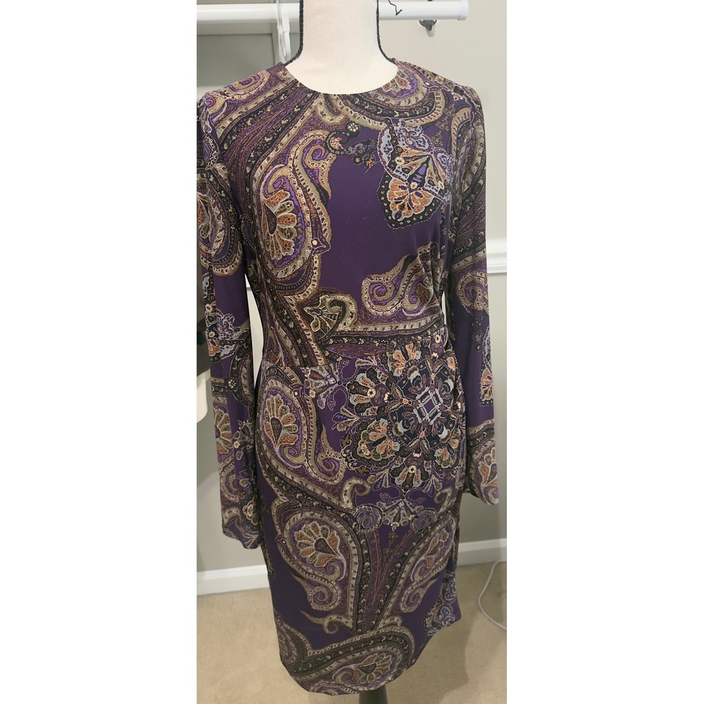 Lauren Ralph Lauren Purple Paisley Long Sleeve  Drape Sheath Dress Womens 8 326 - Picture 2 of 6